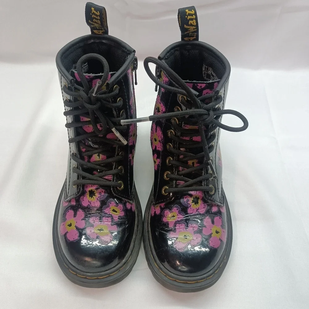 Dr Doc Martens Combat‎ Boots Girls 13 Floral Pansy Black Patent Leather